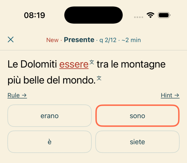 iPhone screenshot of a Congiugno drill: the Italian sentence 'Le Dolomiti essere tra le montagne più belle del mondo' with essere shown in the blank, Rule and Hint links, and four answer options: erano, sono, è, and siete
