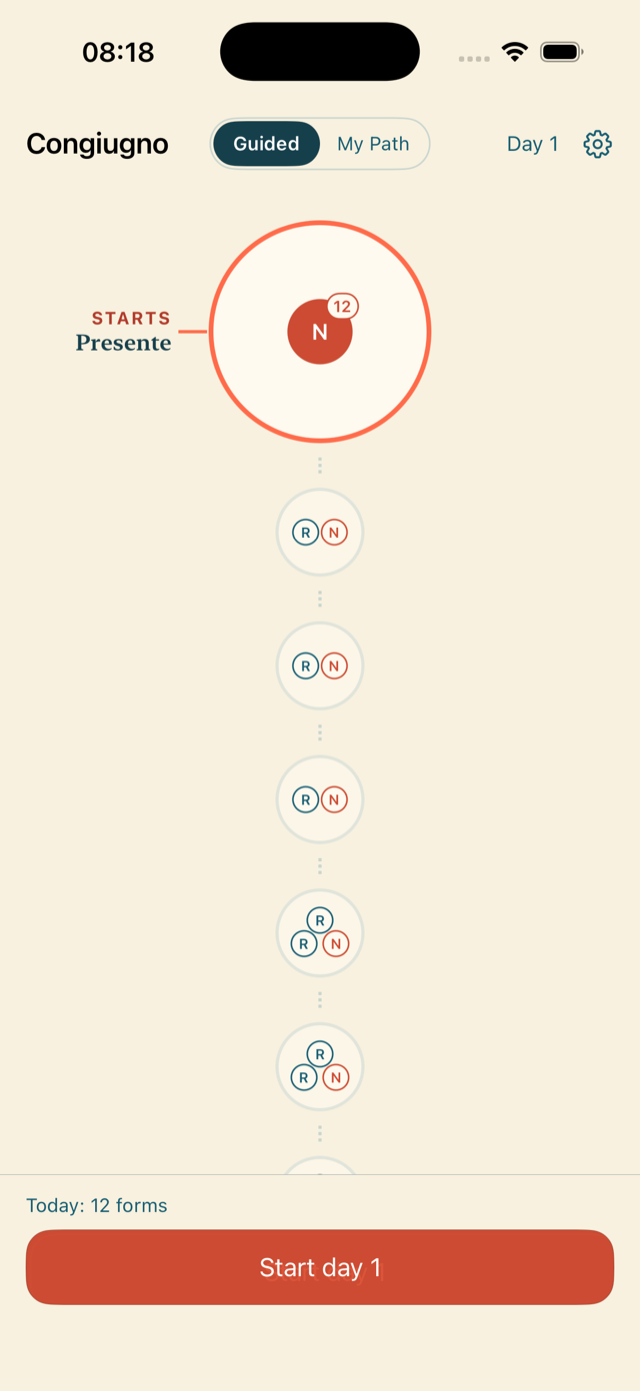 iPhone screenshot of the Congiugno roadmap on day one: a coral-outlined circle marked STARTS Presente with 12 forms due, followed by a vertical chain of days carrying N and R glyphs for new and recall work